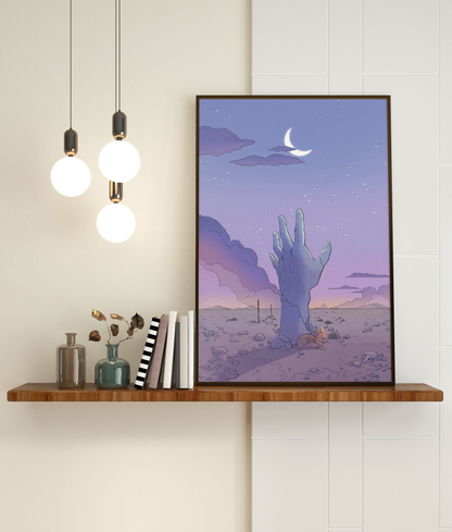 DUSK - Hand reaching for the moon in the desert - Poster Print