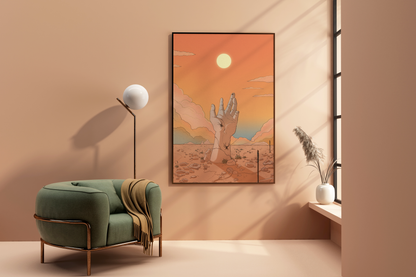 DAWN - Hand reaching for the sun in the desert - Poster Print