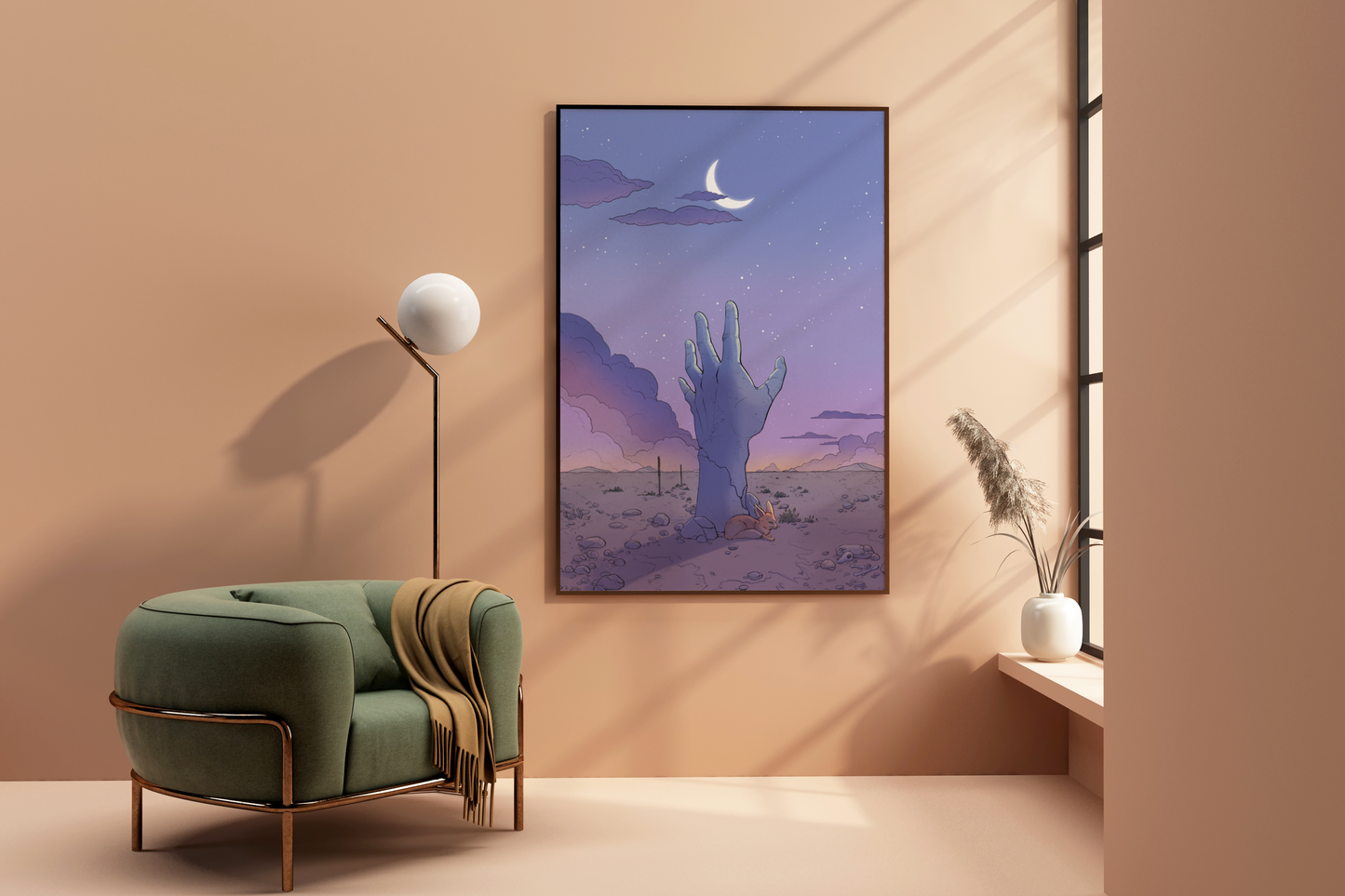 DUSK - Hand reaching for the moon in the desert - Poster Print