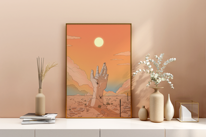 DAWN - Hand reaching for the sun in the desert - Poster Print