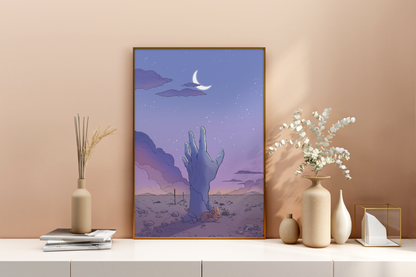 DUSK - Hand reaching for the moon in the desert - Poster Print