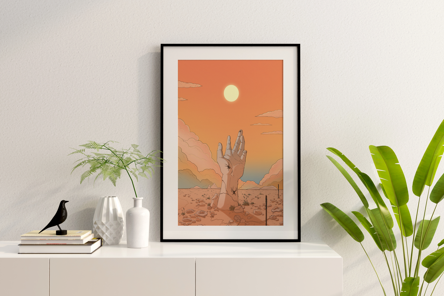 DAWN - Hand reaching for the sun in the desert - Poster Print