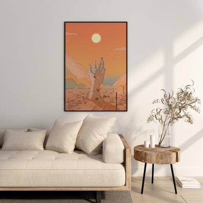 DAWN - Hand reaching for the sun in the desert - Poster Print