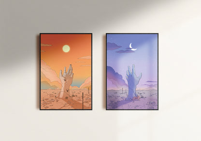 DAWN - Hand reaching for the sun in the desert - Poster Print