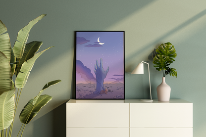 DUSK - Hand reaching for the moon in the desert - Poster Print