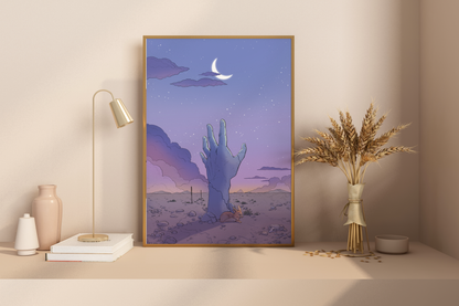 DUSK - Hand reaching for the moon in the desert - Poster Print