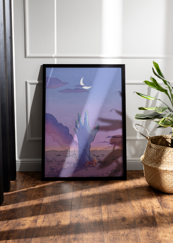 DUSK - Hand reaching for the moon in the desert - Poster Print