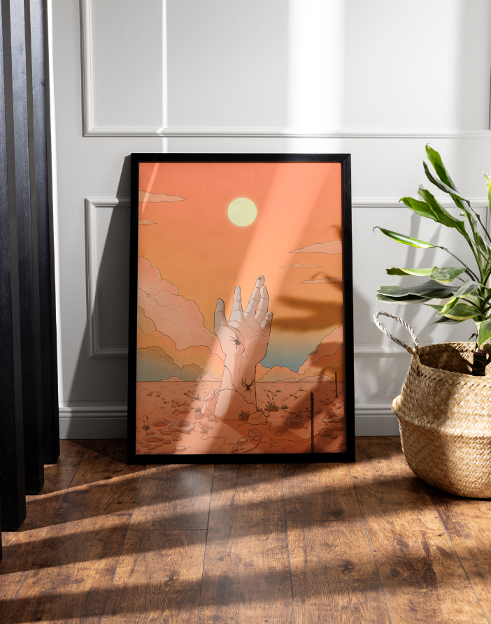 DAWN - Hand reaching for the sun in the desert - Poster Print