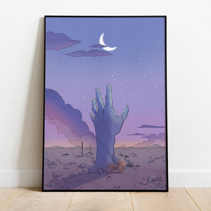 DUSK - Hand reaching for the moon in the desert - Poster Print