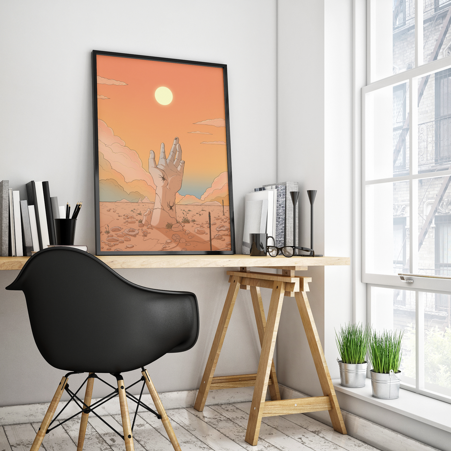 DAWN - Hand reaching for the sun in the desert - Poster Print