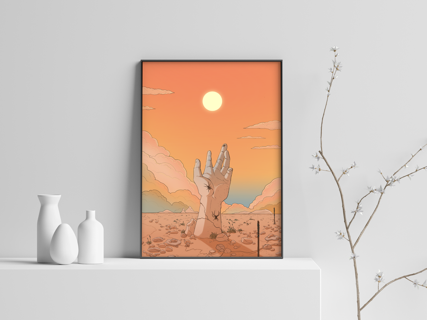 DAWN - Hand reaching for the sun in the desert - Poster Print